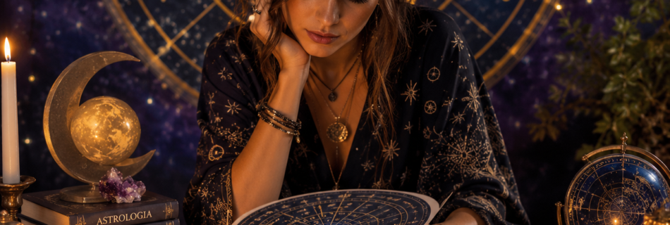 Mujer mirando cartas astrales