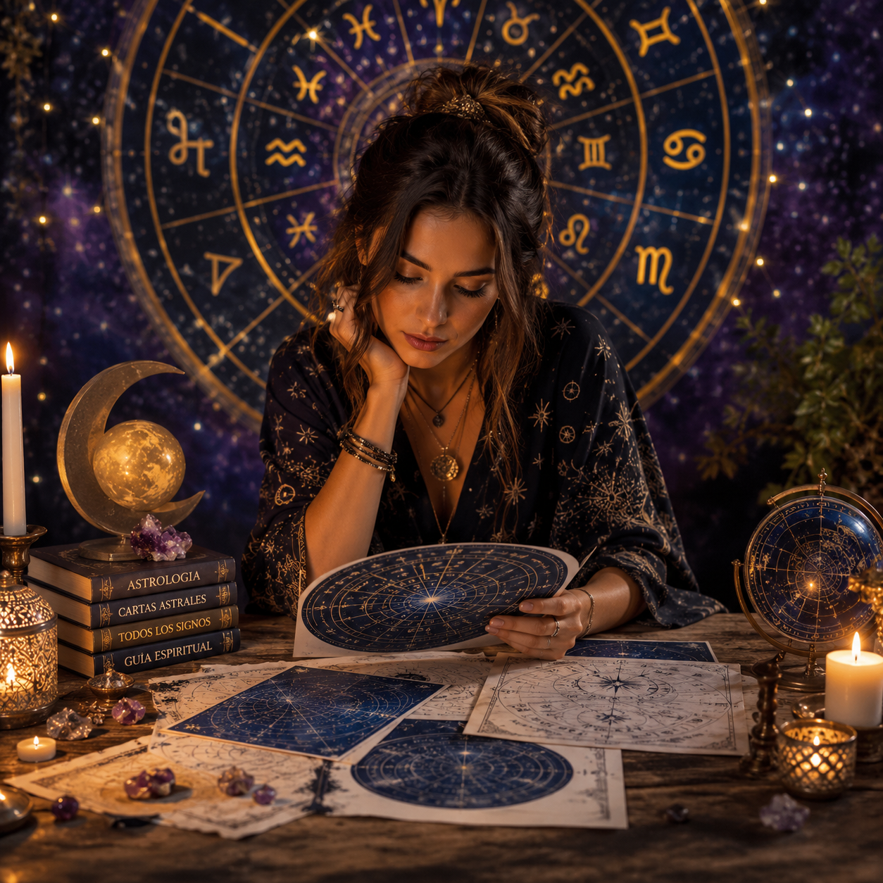 Mujer mirando cartas astrales